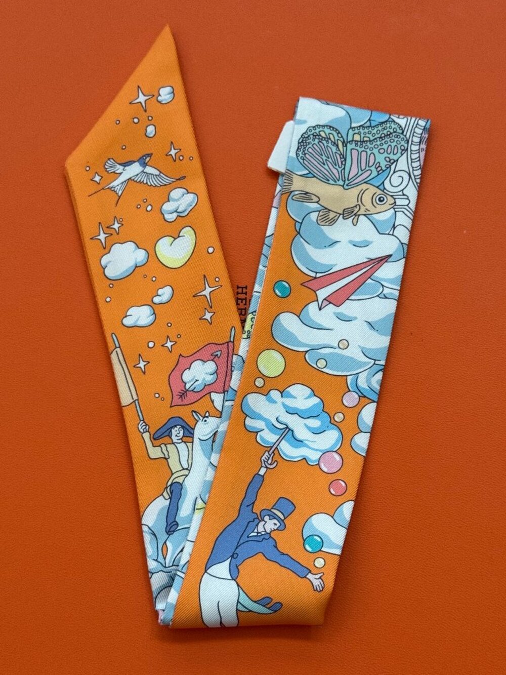 Hermes Twilly Sur Mon Nuage Orange Silk Scarf